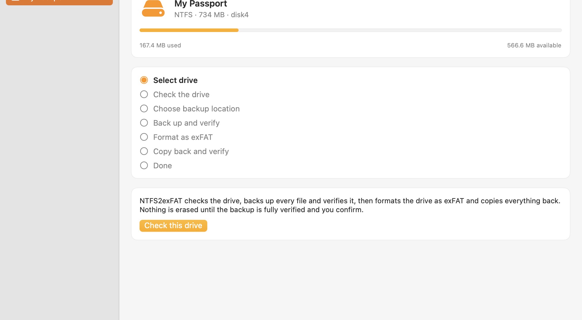 Finestra di NTFS2exFAT con il disco NTFS My Passport selezionato